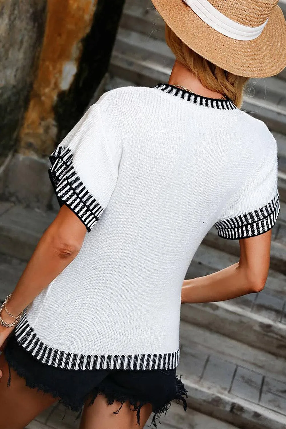 White Contrast Trim Round Neck Batwing Sleeve Knitted Top sold by Beagle Boutique product image thumbnail 2