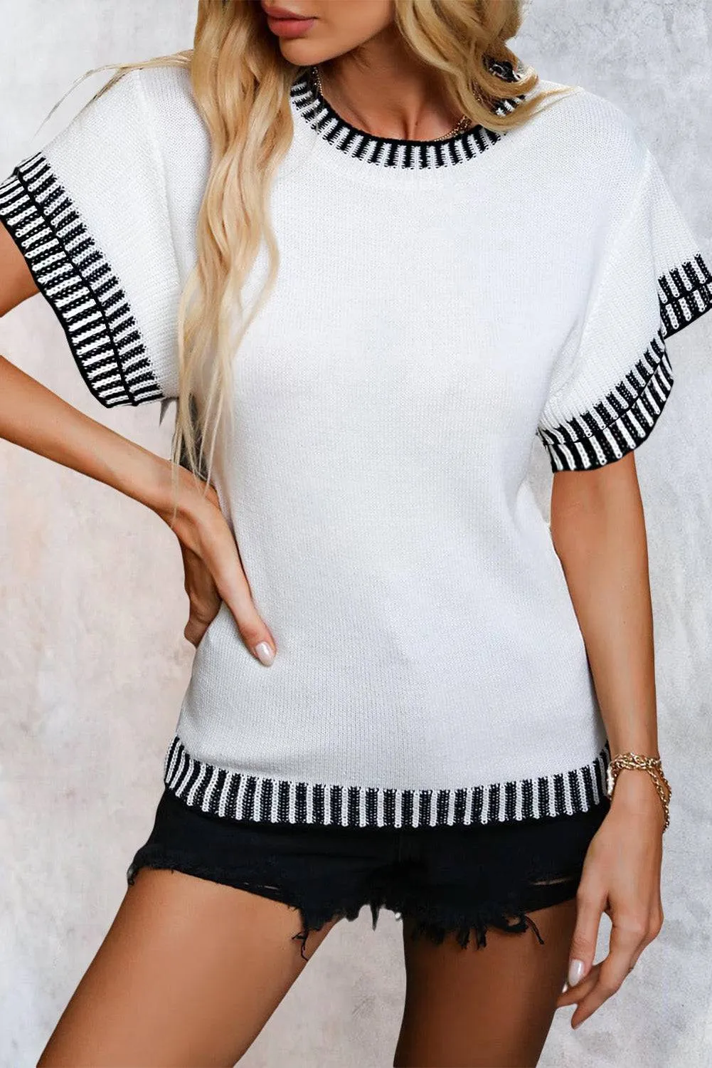 White Contrast Trim Round Neck Batwing Sleeve Knitted Top sold by Beagle Boutique