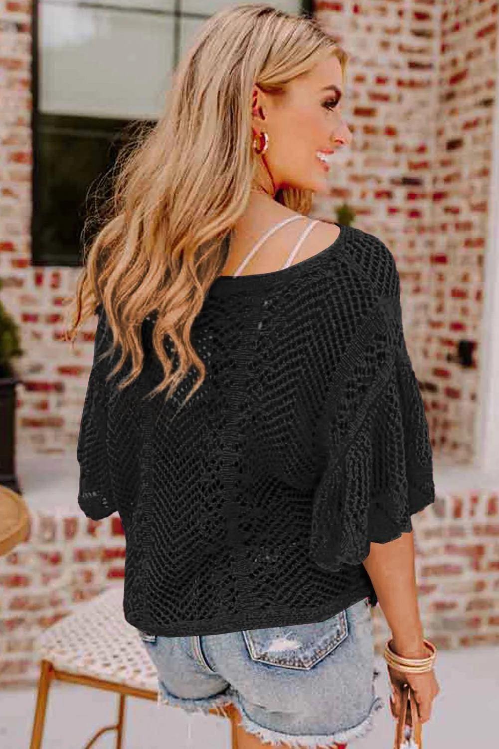 Black Pointelle Knit Scallop Edge Short Sleeve Top sold by Beagle Boutique product image thumbnail 3