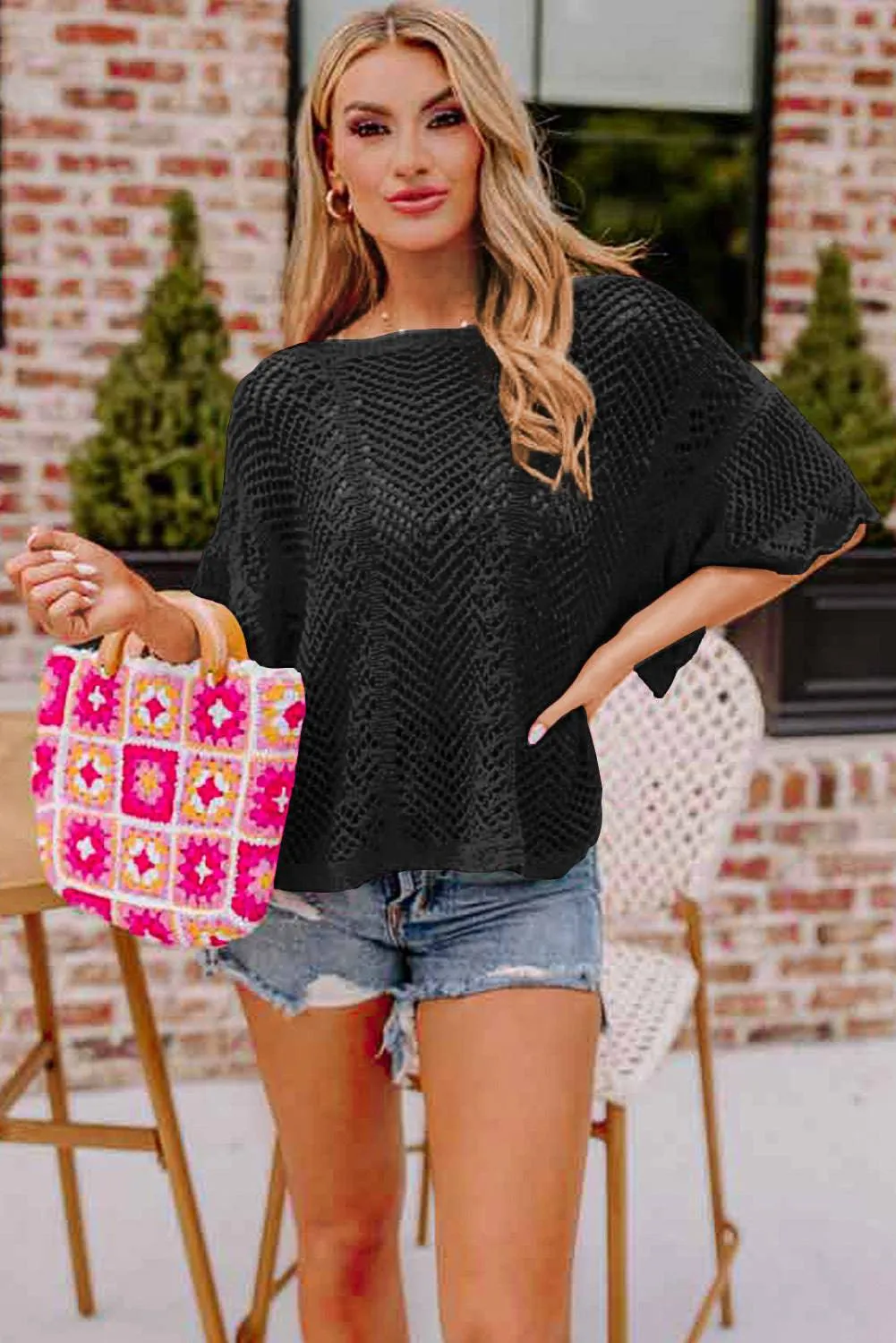 Black Pointelle Knit Scallop Edge Short Sleeve Top sold by Beagle Boutique product image thumbnail 2