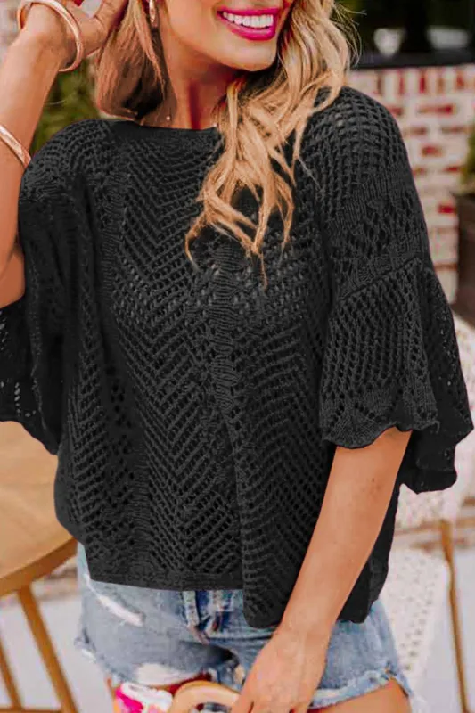 Black Pointelle Knit Scallop Edge Short Sleeve Top sold by Beagle Boutique