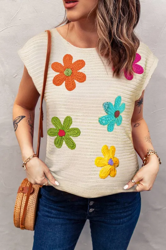 White Flower Crochet Round Neck Knitted Top sold by Beagle Boutique