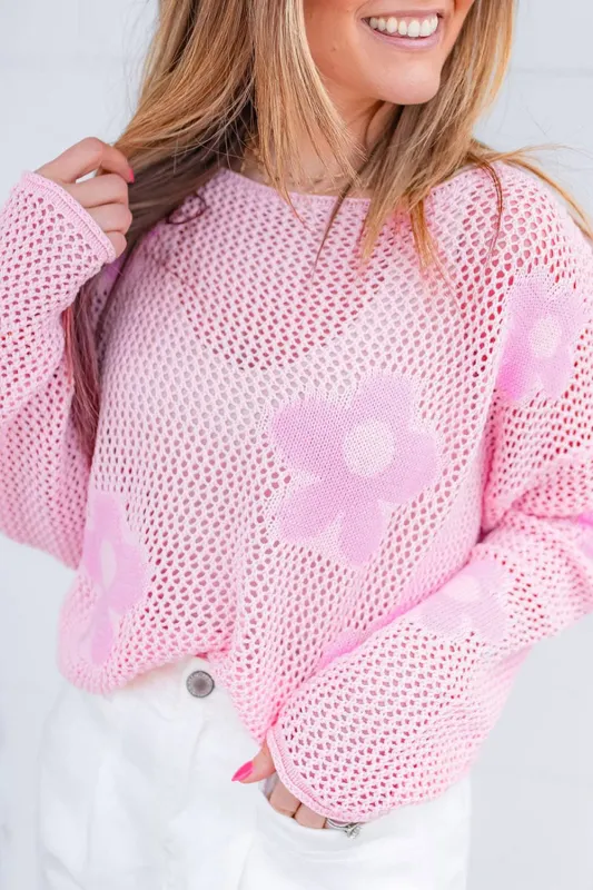Light Pink Big Flower Hollowed Knit Drop Shoulder Sweater sold by Beagle Boutique