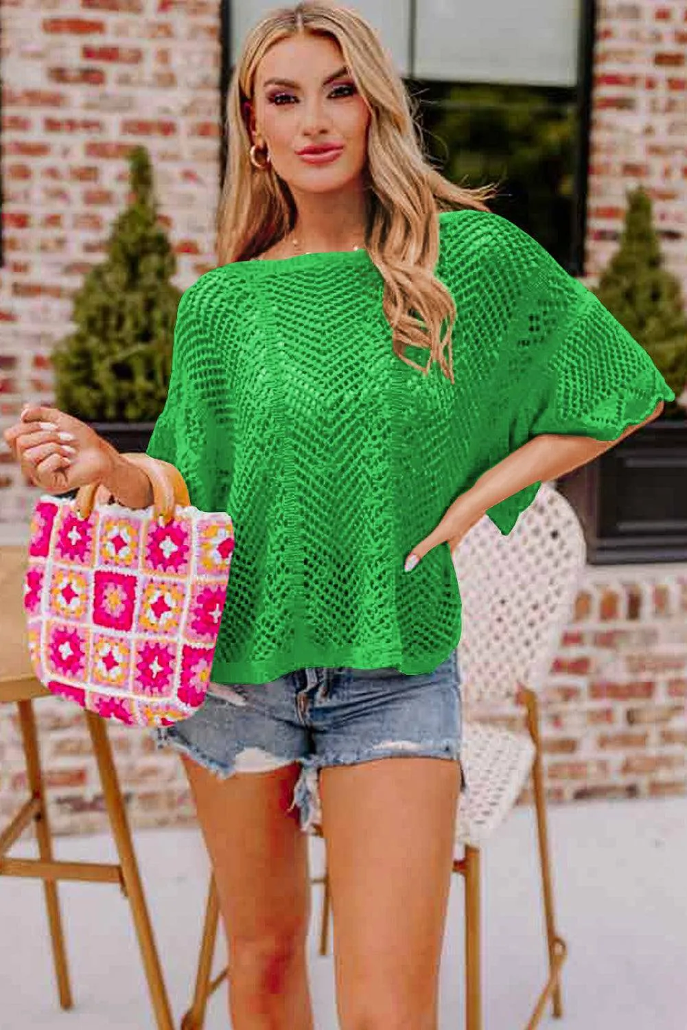 Green Pointelle Knit Scallop Edge Short Sleeve Top sold by Beagle Boutique product image thumbnail 3