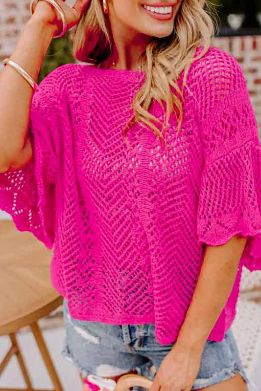Rose Red Pointelle Knit Scallop Edge Short Sleeve Top sold by Beagle Boutique