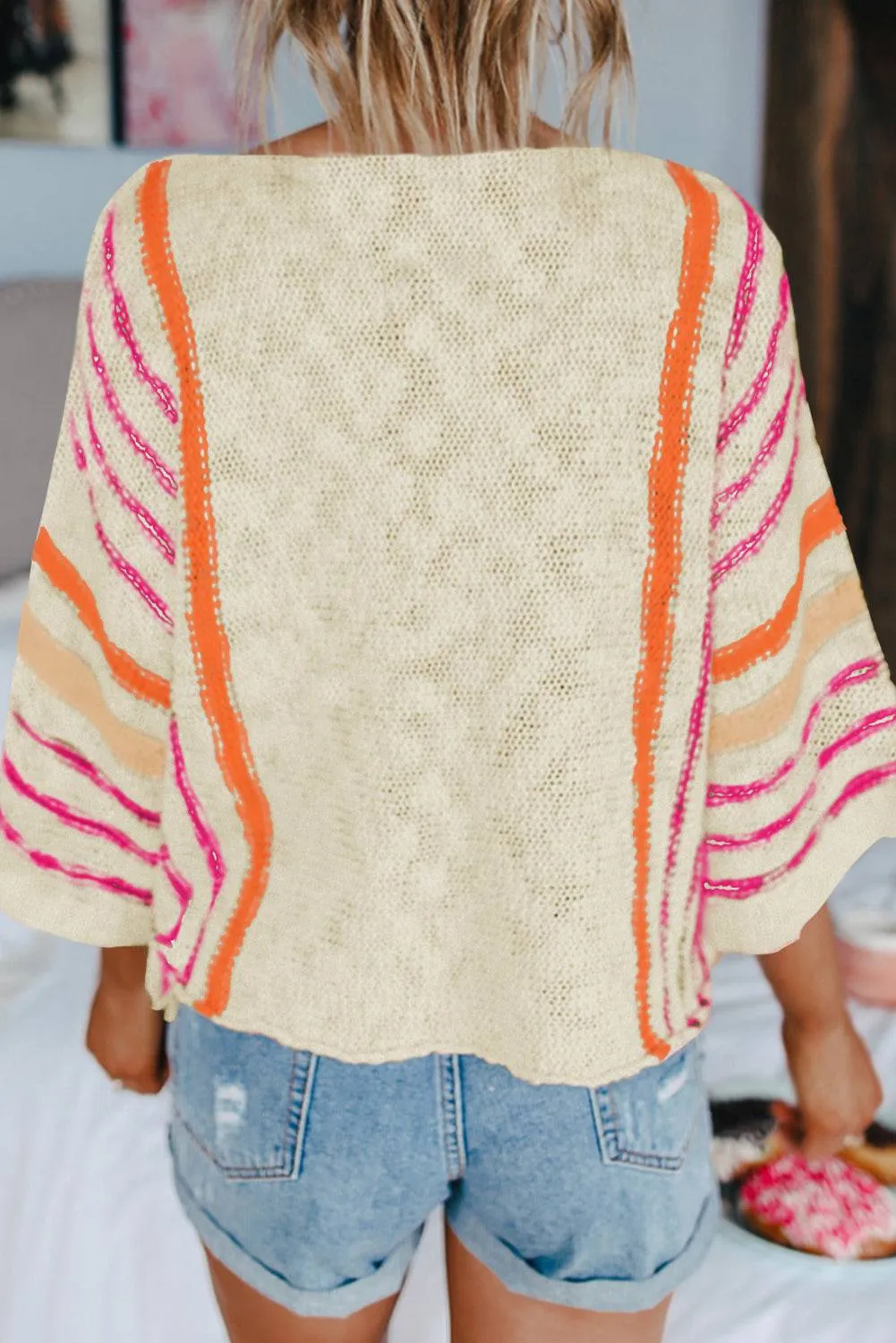 White Striped Detail Wide Sleeve Lightweight Knitted Sweater sold by Beagle Boutique product image thumbnail 2