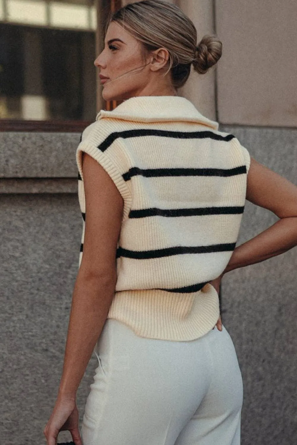 White Stripe Zipped Collar Cap Sleeve Knit Top sold by Beagle Boutique product image thumbnail 2