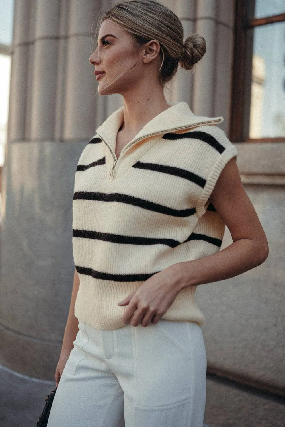 White Stripe Zipped Collar Cap Sleeve Knit Top sold by Beagle Boutique product image thumbnail 3