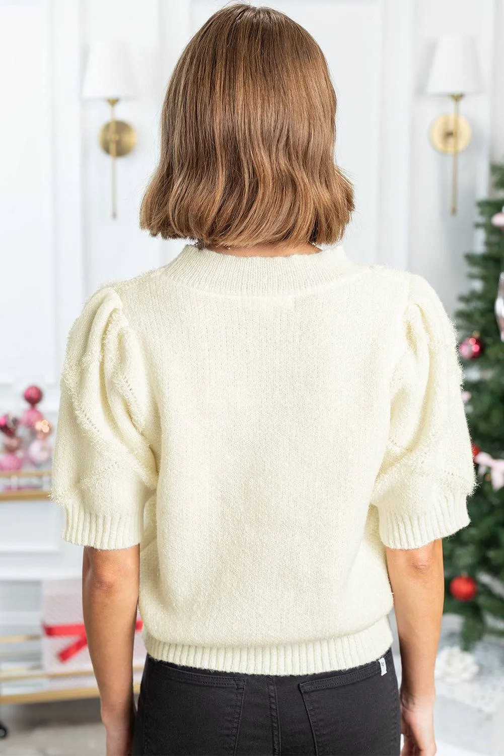 White Rhombus Pattern Ribbed Trim Short Sleeve Sweater sold by Beagle Boutique product image thumbnail 2