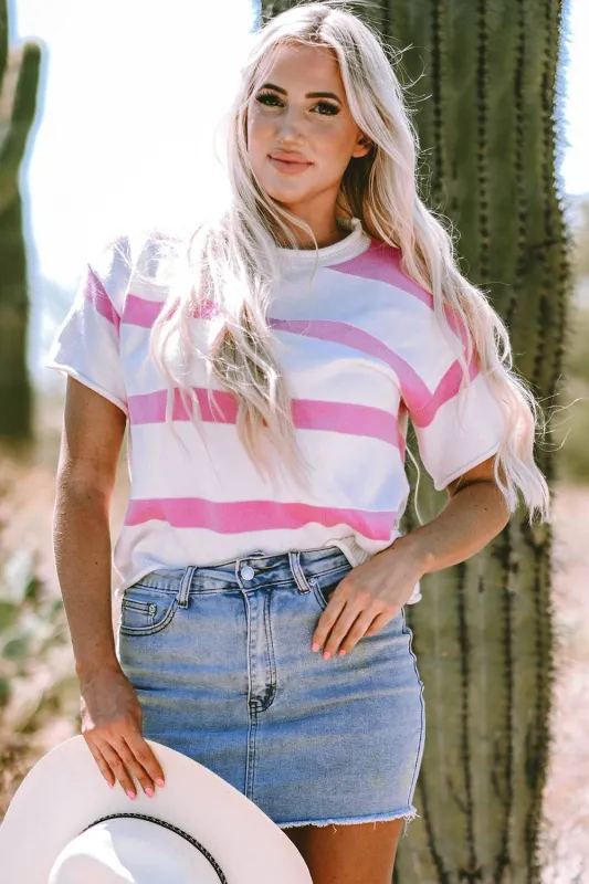 Pink Stripe Dropped Short Sleeve Lightweight Knitted Top sold by Beagle Boutique