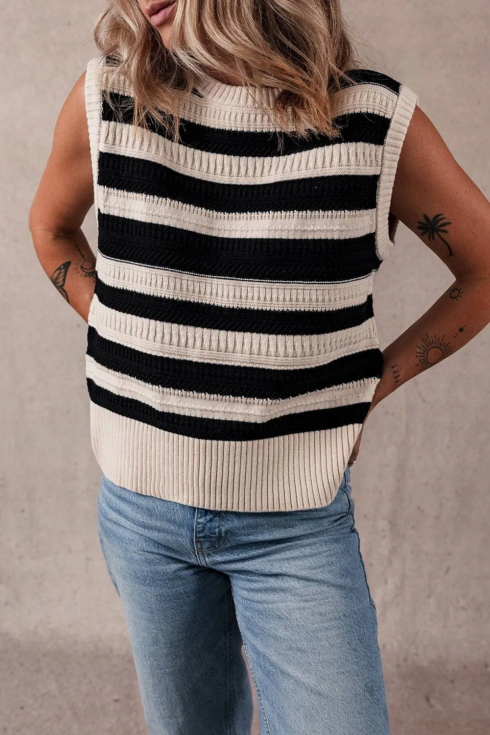 Black Stripe Ribbed Trim Knitted Sweater Vest sold by Beagle Boutique product image thumbnail 3