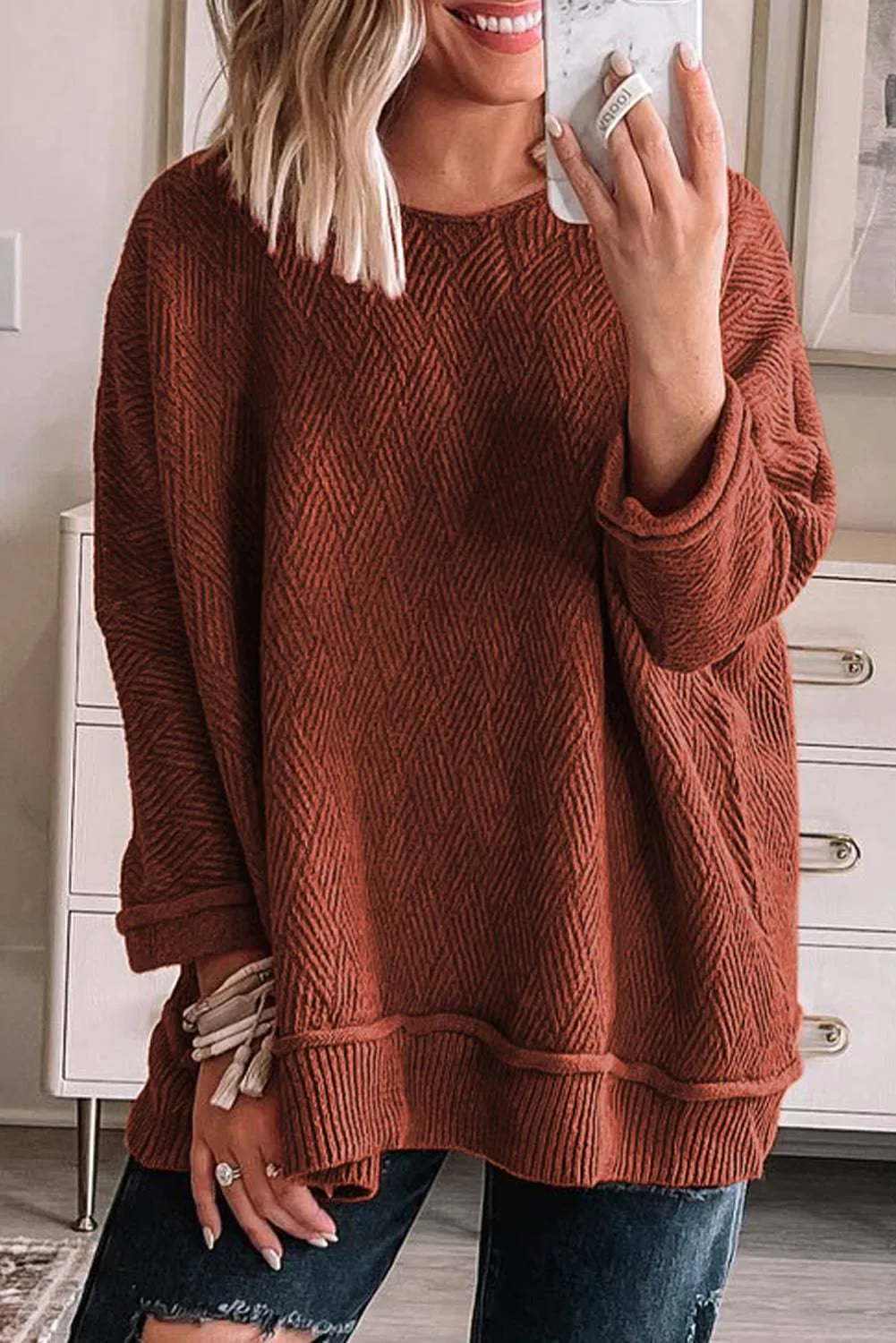 Gold Flame Solid Colour Textured Crew Neck Loose Sweater sold by Beagle Boutique