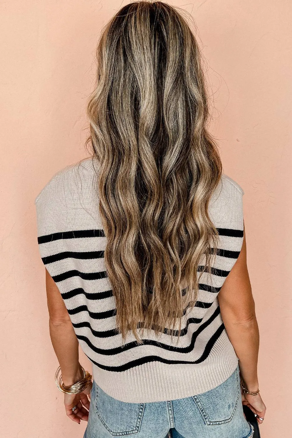 Apricot Stripe Boxy Knitted Round Neck Sweater Tank sold by Beagle Boutique product image thumbnail 2