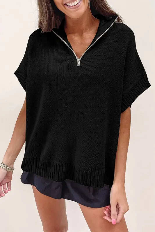Black Quarter Zip Short Batwing Sleeve Sweater sold by Beagle Boutique