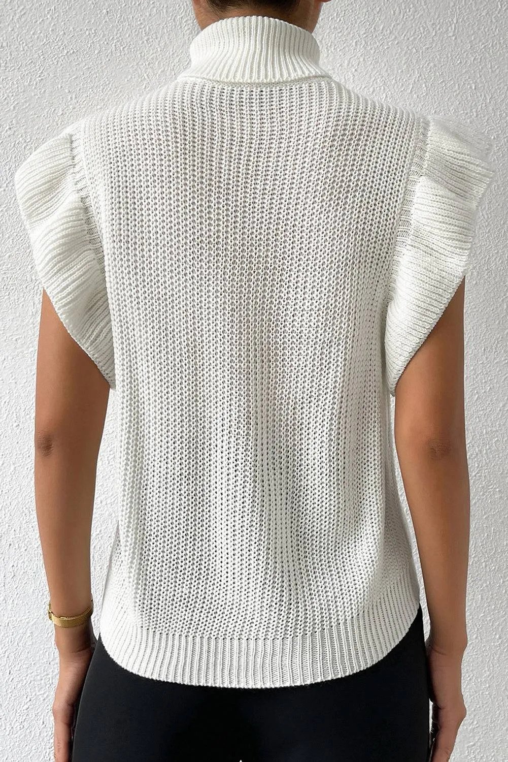 White Turtle Neck Short Sleeve Cable Knit Ruffled Sweater sold by Beagle Boutique product image thumbnail 3