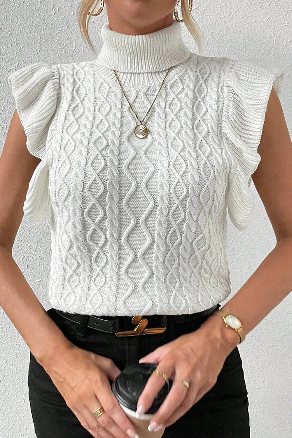 White Turtle Neck Short Sleeve Cable Knit Ruffled Sweater sold by Beagle Boutique
