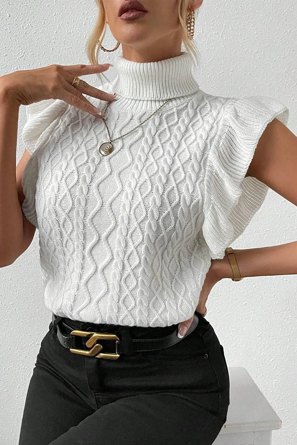 White Turtle Neck Short Sleeve Cable Knit Ruffled Sweater sold by Beagle Boutique product image thumbnail 2