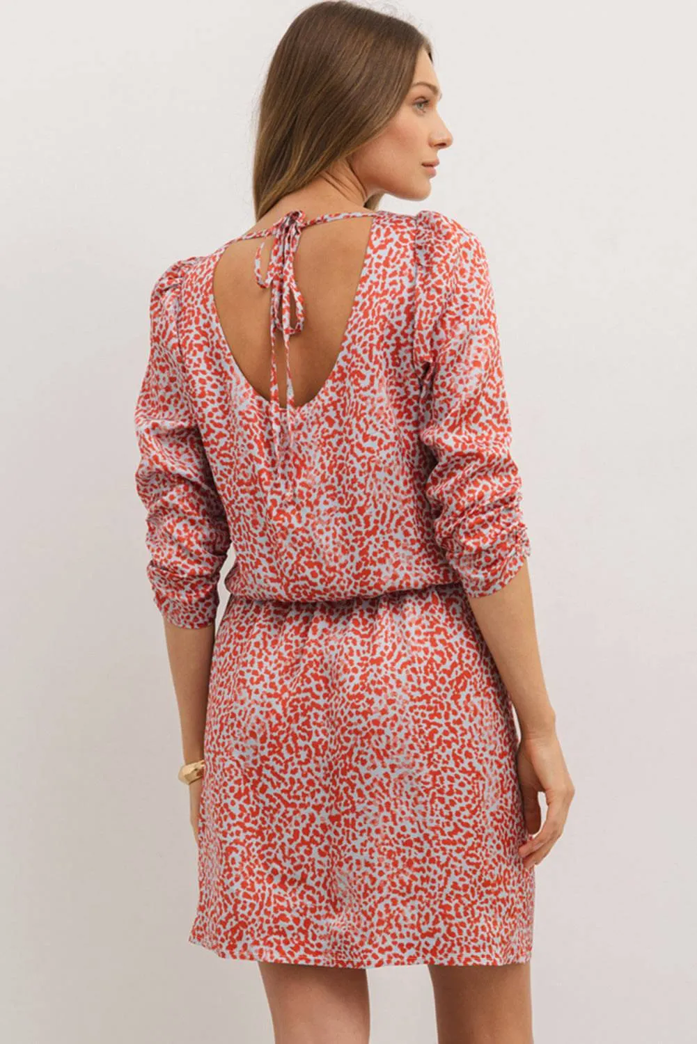 Tomato Red Leopard Print Long Sleeve Hollowed Back Split Mini Dress sold by Beagle Boutique product image thumbnail 2