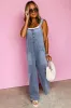 Stone Blue Washed Denim Half Buttons Patched Pocket Wide Leg Overalls sold by Beagle Boutique