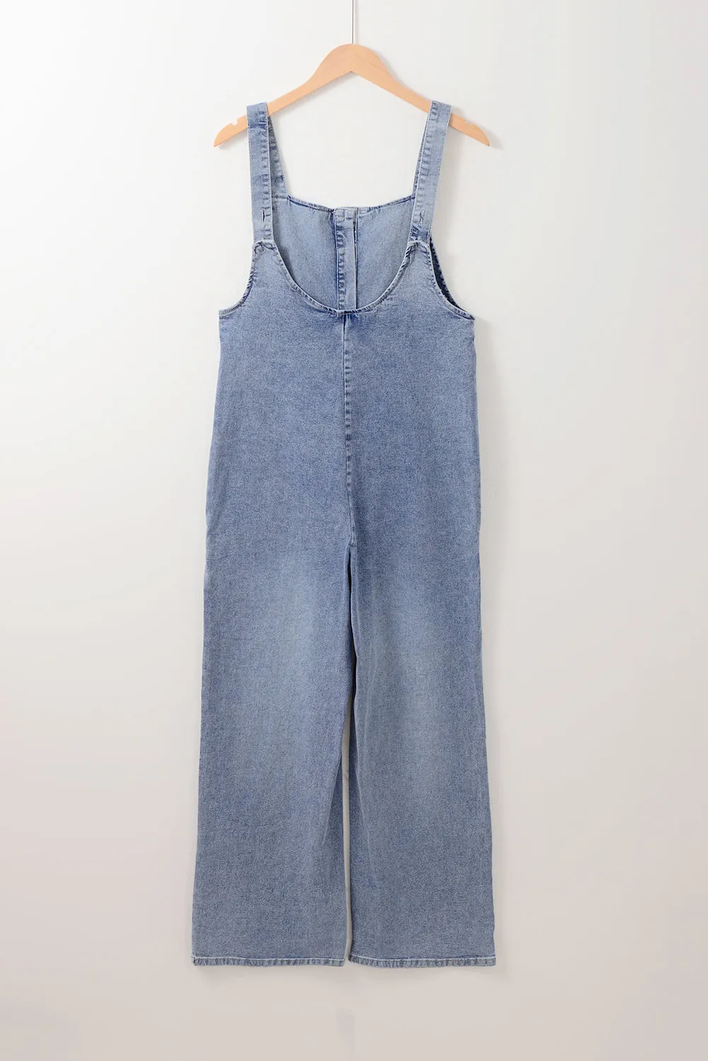 Stone Blue Washed Denim Half Buttons Patched Pocket Wide Leg Overalls sold by Beagle Boutique product image thumbnail 5