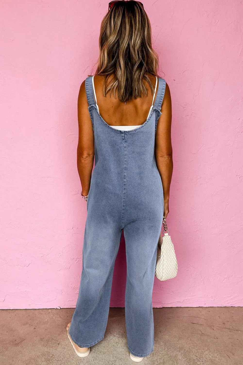 Stone Blue Washed Denim Half Buttons Patched Pocket Wide Leg Overalls sold by Beagle Boutique product image thumbnail 2