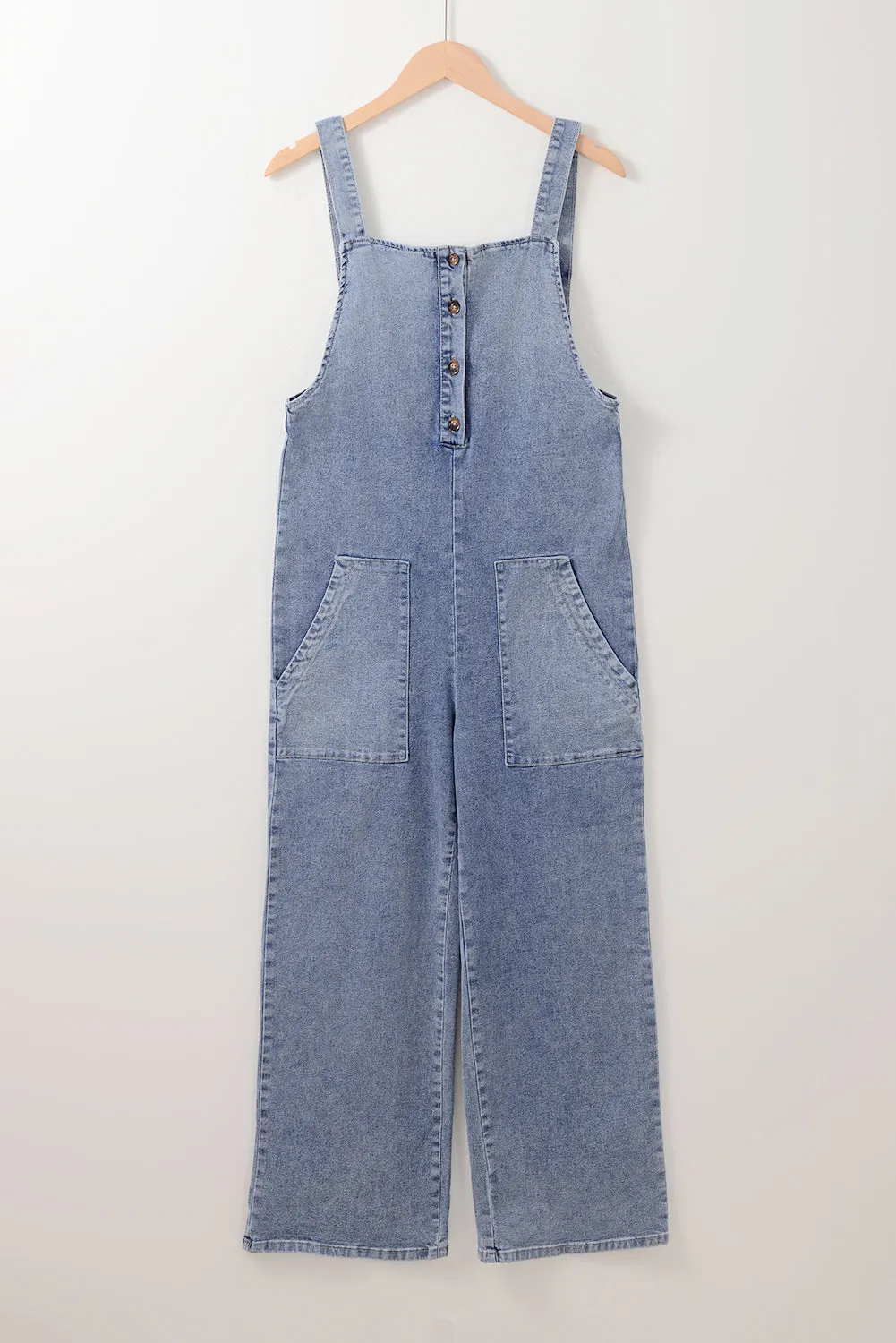 Stone Blue Washed Denim Half Buttons Patched Pocket Wide Leg Overalls sold by Beagle Boutique product image thumbnail 4