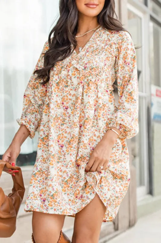 Yellow Boho Floral V Neck Ruffled Empire Waist Long Sleeve Mini Dress sold by Beagle Boutique