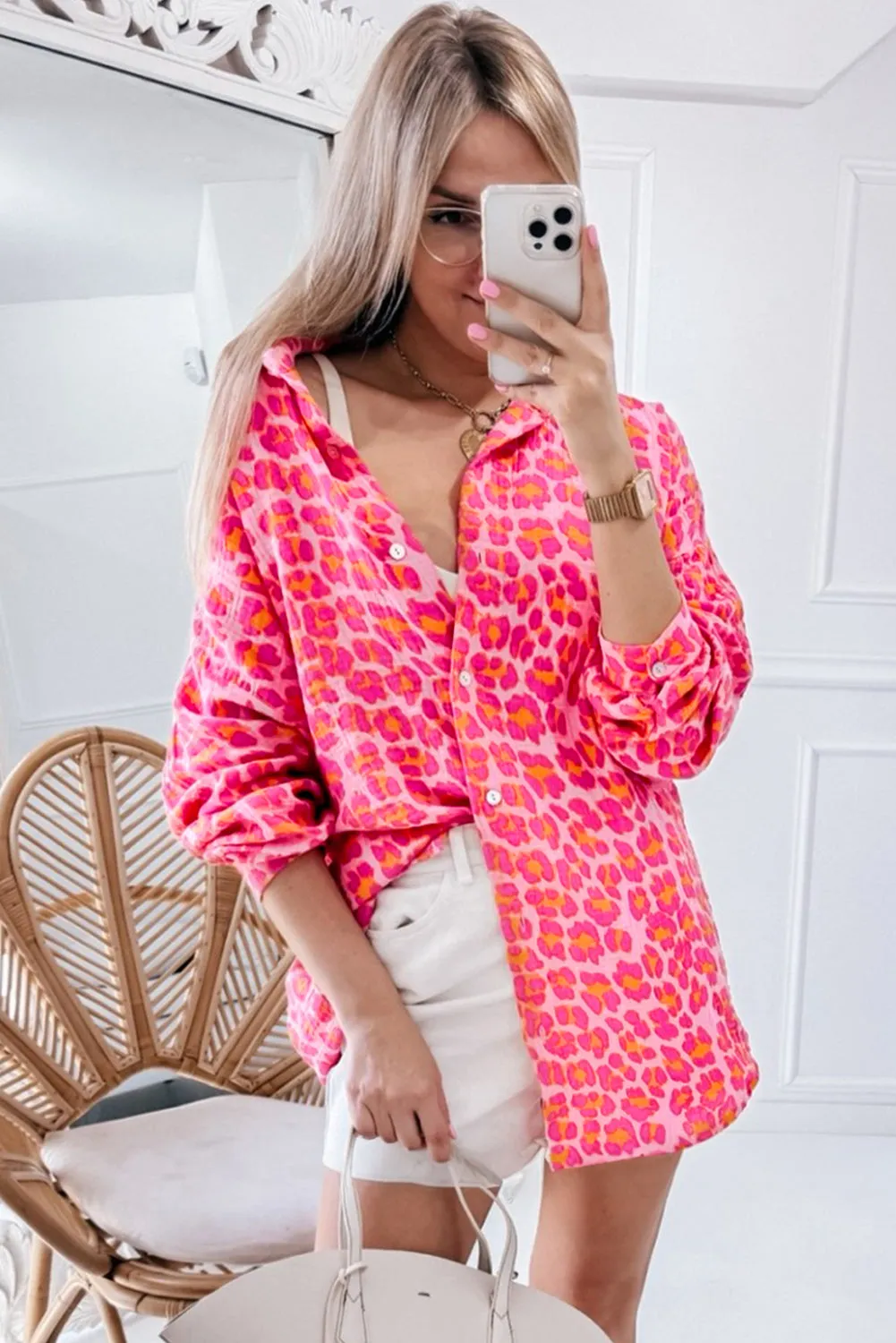 Rose Leopard Printed Button Up Loose Shirt sold by Beagle Boutique product image thumbnail 4