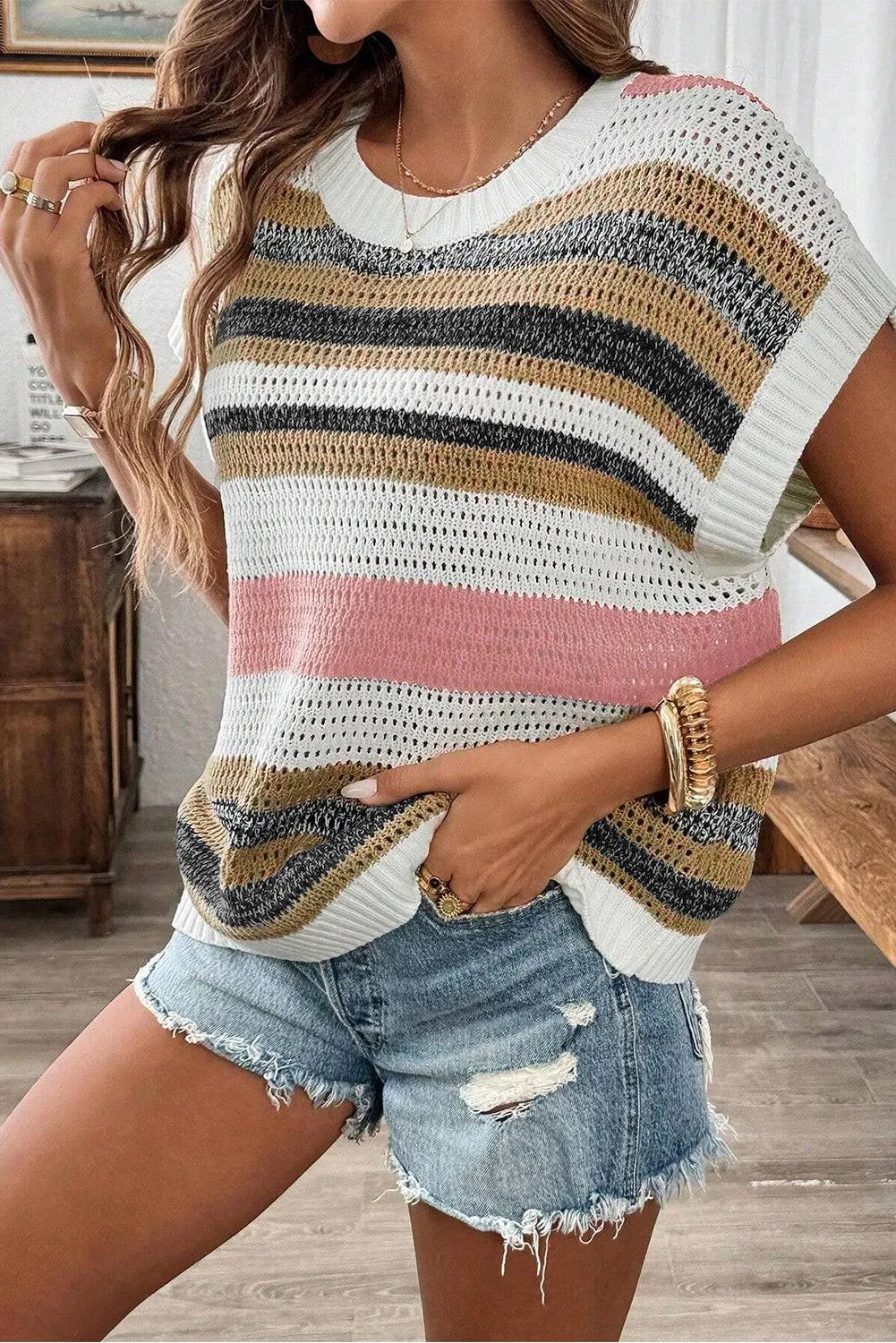 Pink Stripe Colour Block Eyelet Knit Short Sleeve Sweater Tee sold by Beagle Boutique product image thumbnail 3