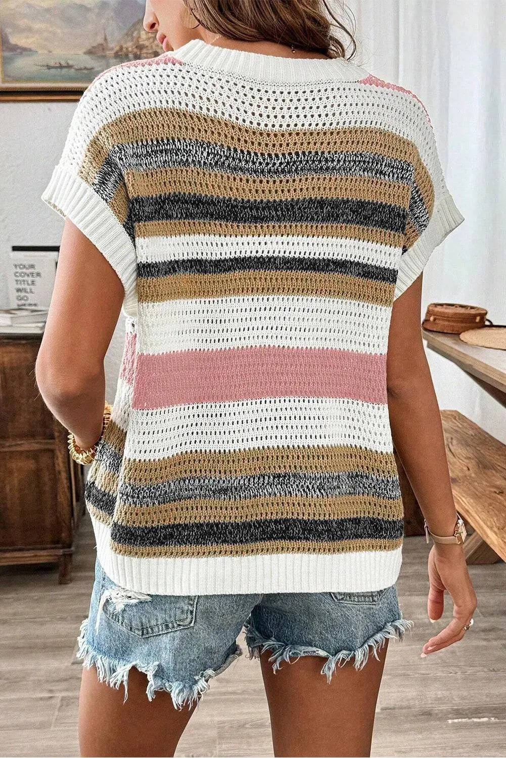 Pink Stripe Colour Block Eyelet Knit Short Sleeve Sweater Tee sold by Beagle Boutique product image thumbnail 2