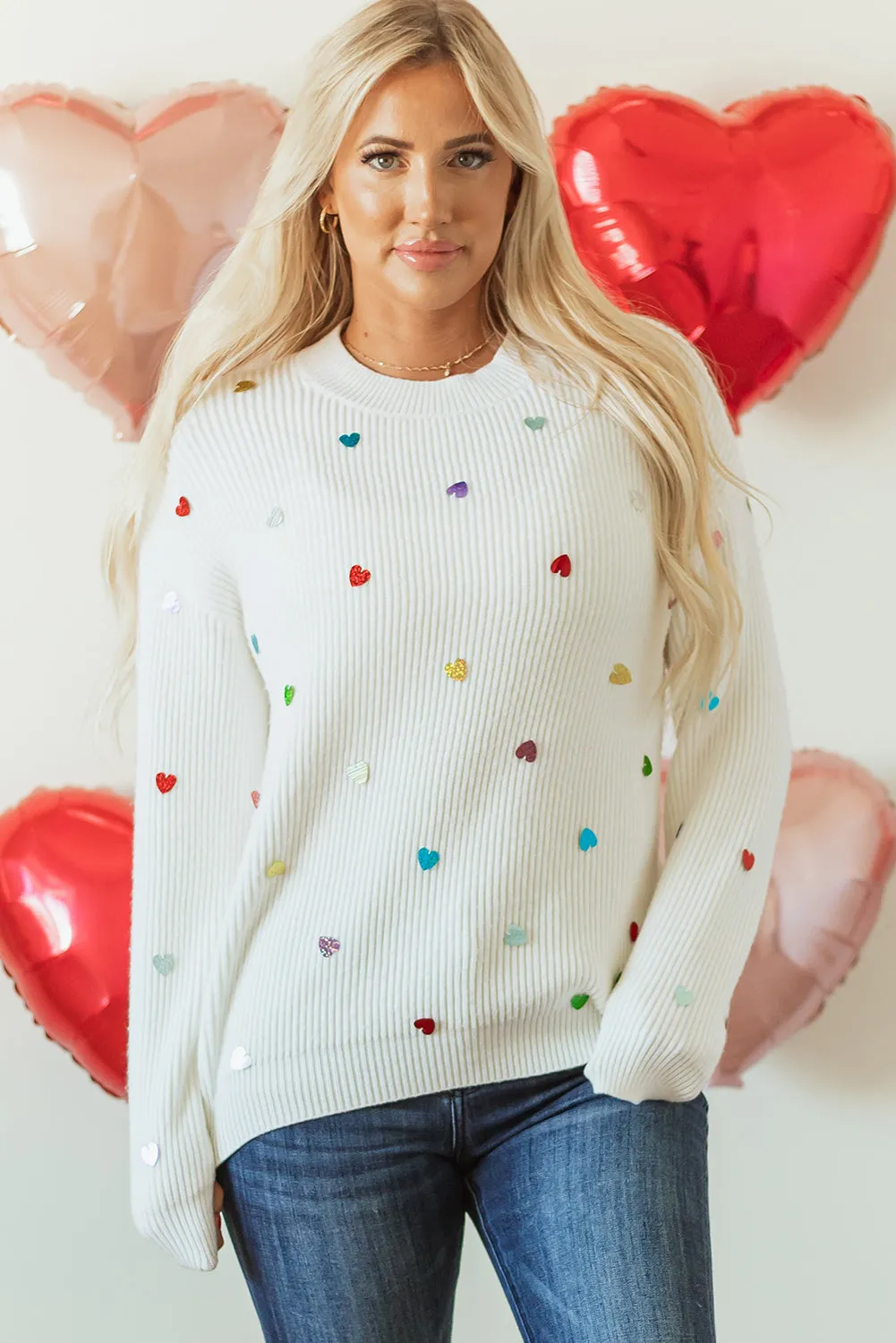 Beige Sequin Heart Shape Waffle Knit Round Neck Sweater sold by Beagle Boutique product image thumbnail 4
