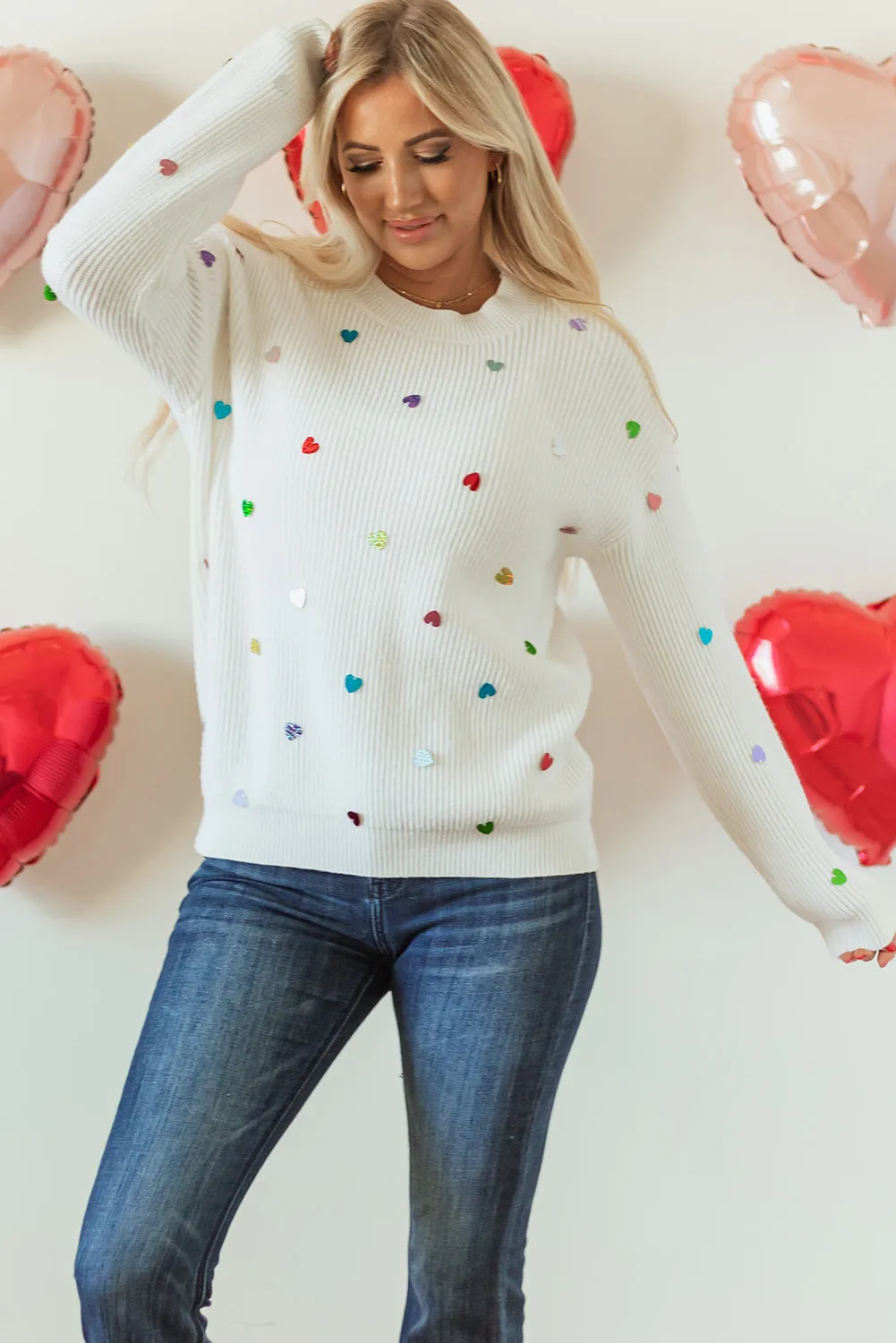 Beige Sequin Heart Shape Waffle Knit Round Neck Sweater sold by Beagle Boutique product image thumbnail 5