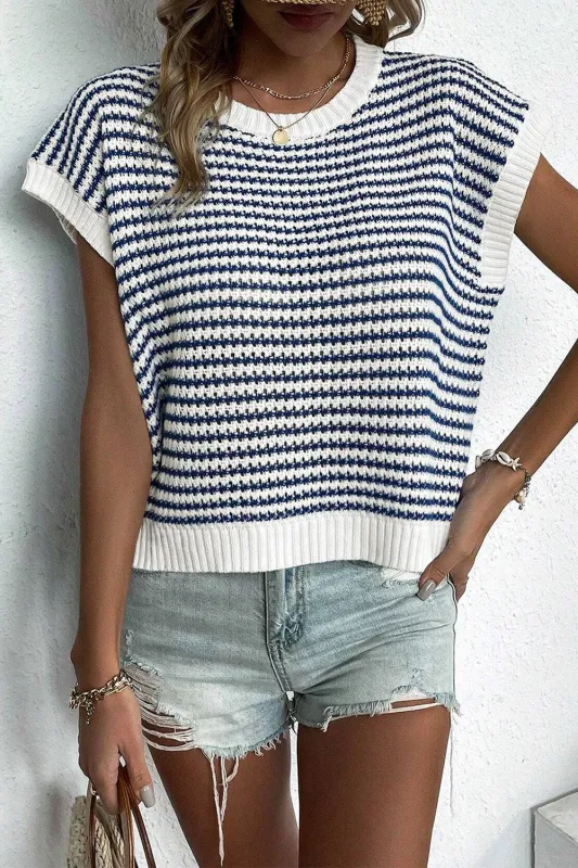 Blue Stripe Ribbed Trim Loose Fit Knitted Sweater Vest sold by Beagle Boutique