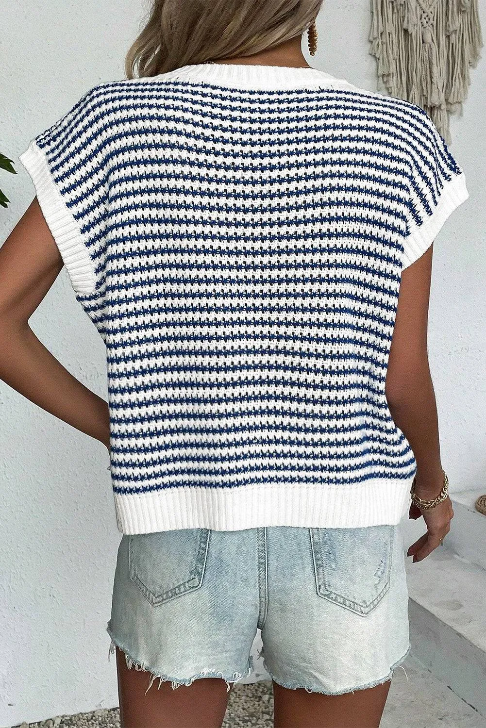 Blue Stripe Ribbed Trim Loose Fit Knitted Sweater Vest sold by Beagle Boutique product image thumbnail 3