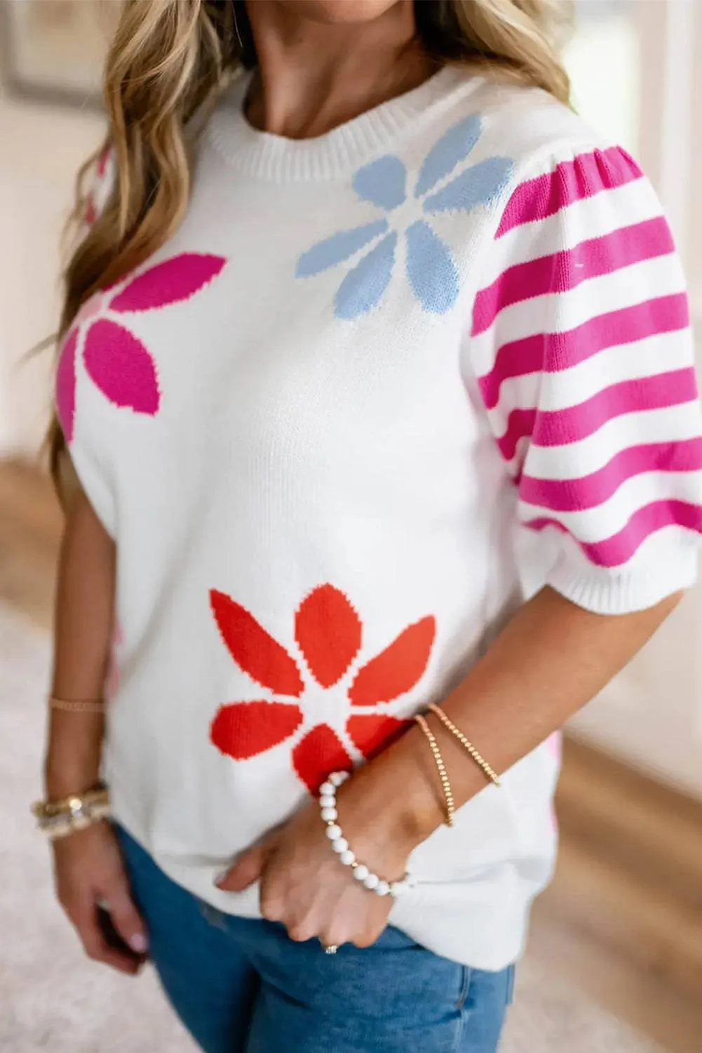 White Floral Pattern Striped Sleeve Sweater T Shirt sold by Beagle Boutique product image thumbnail 2