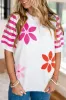 White Floral Pattern Striped Sleeve Sweater T Shirt sold by Beagle Boutique