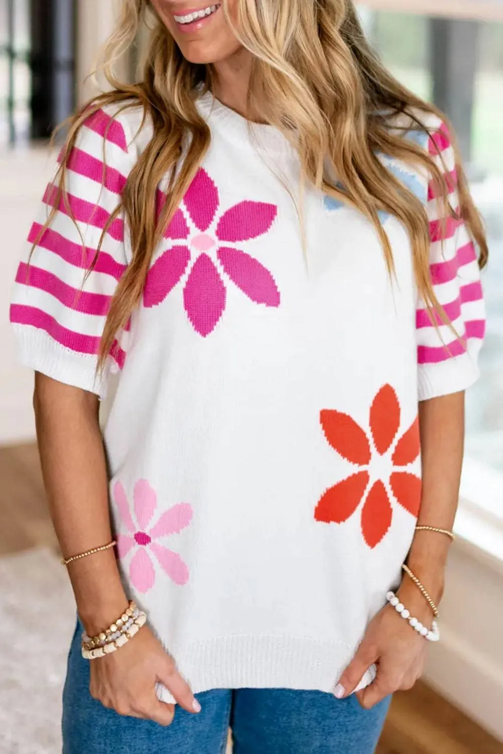 White Floral Pattern Striped Sleeve Sweater T Shirt sold by Beagle Boutique product image thumbnail 3