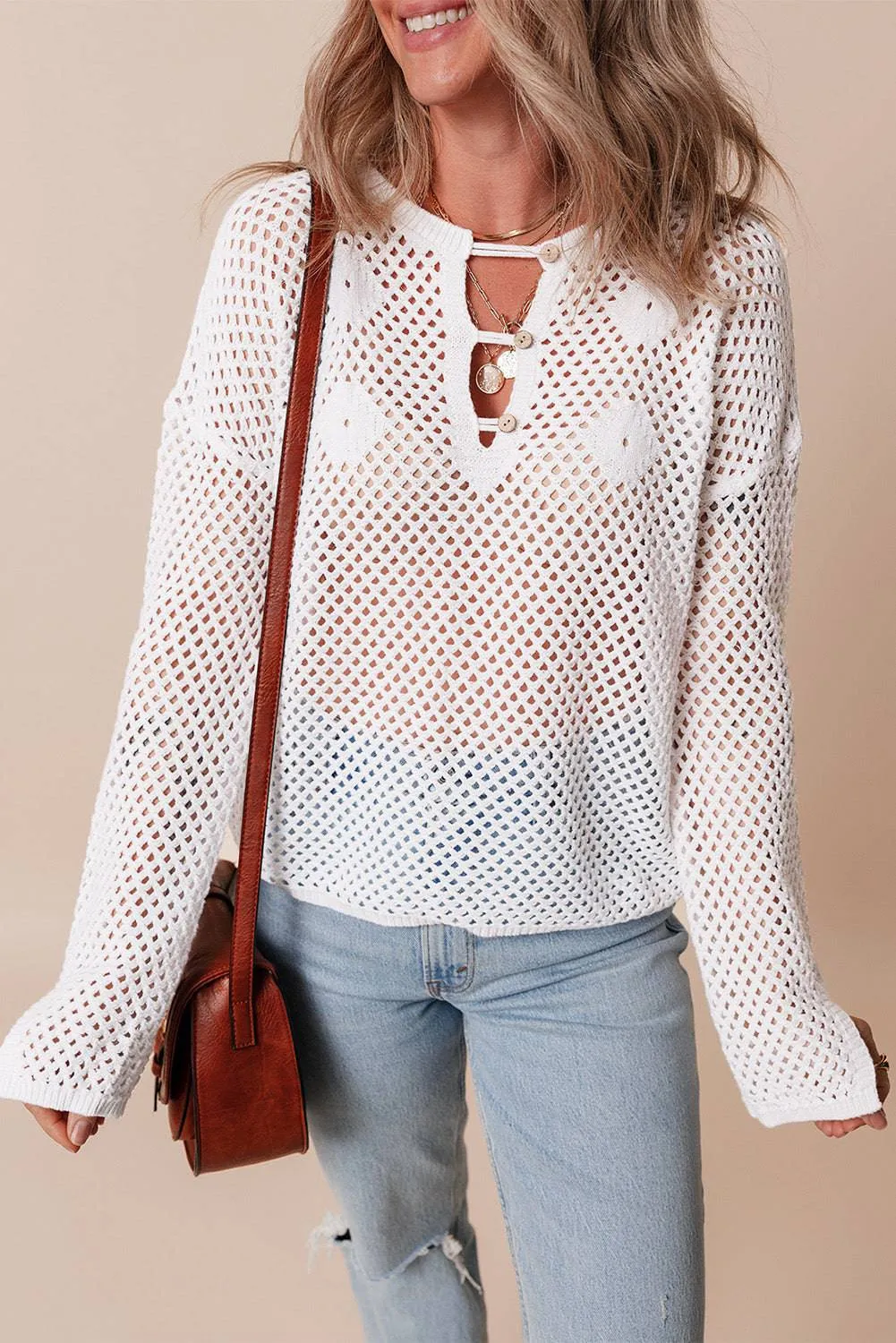 Open Knit Buttoned Neck Split Sleeve Sweater sold by Beagle Boutique product image thumbnail 3