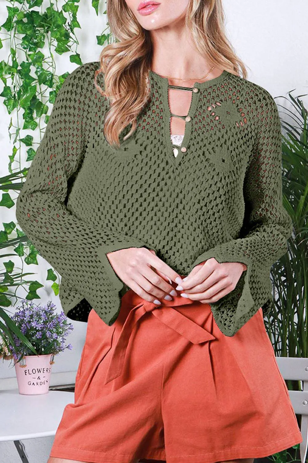 Open Knit Buttoned Neck Split Sleeve Sweater sold by Beagle Boutique product image thumbnail 4
