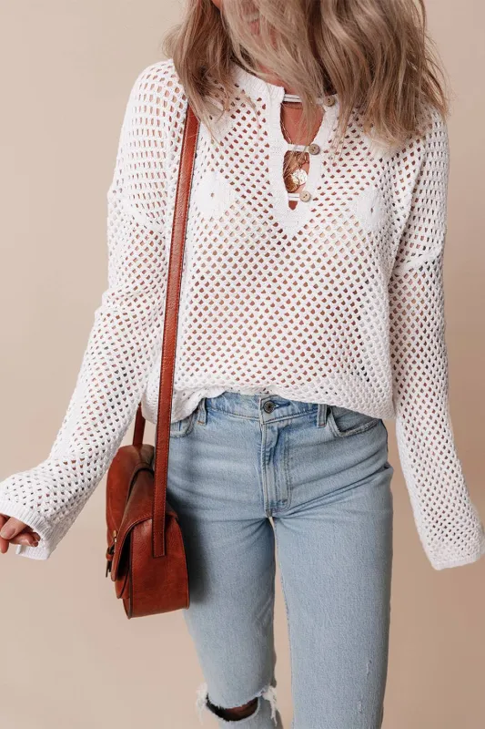 Open Knit Buttoned Neck Split Sleeve Sweater made by eAura