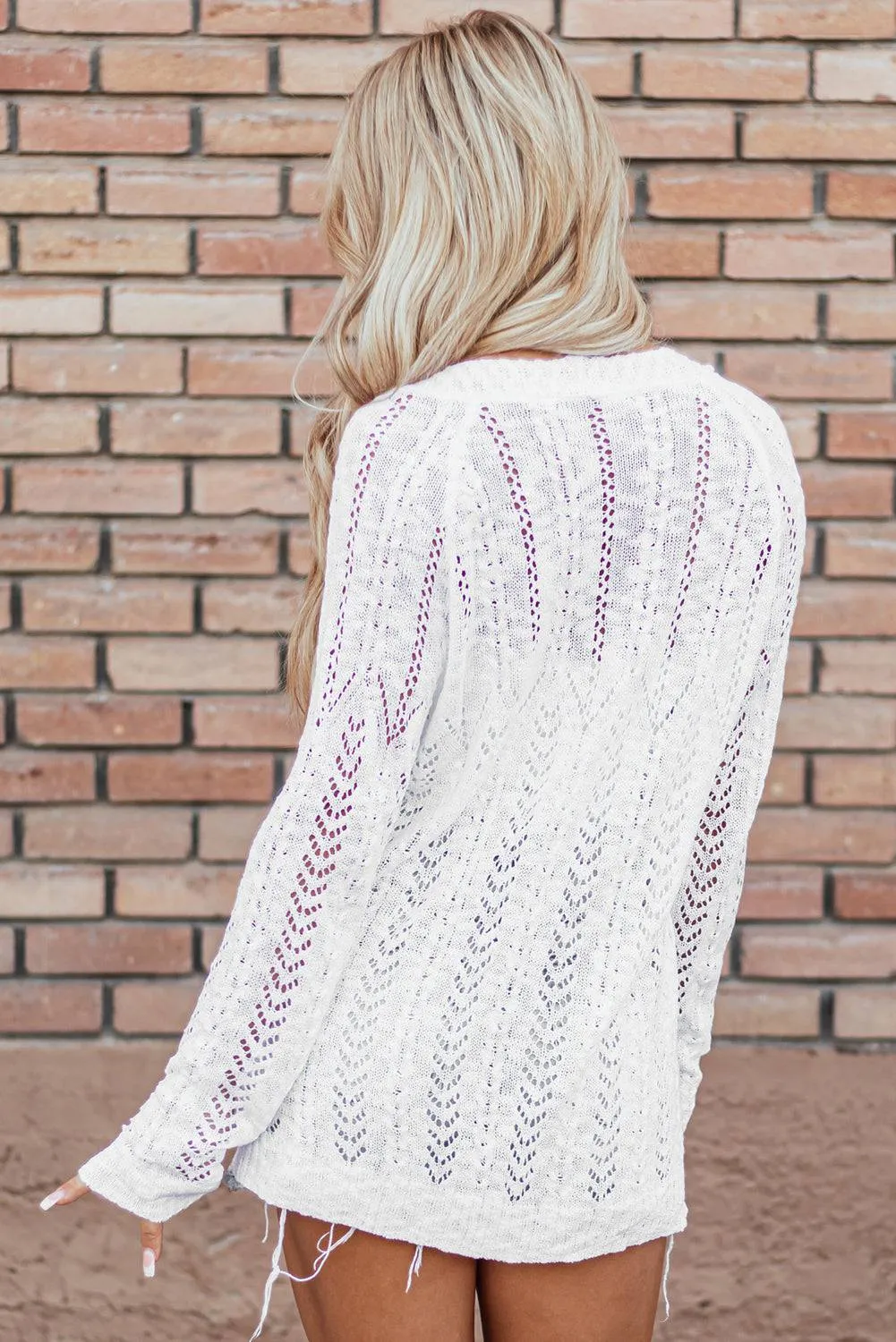 White Solid Open Knit Cardigan sold by Beagle Boutique product image thumbnail 2