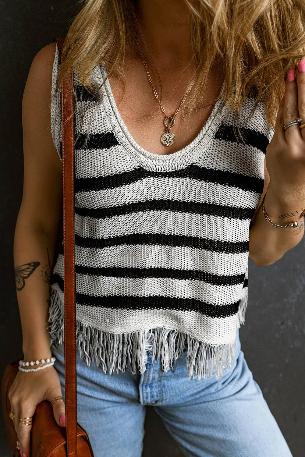 Beige Stripe Loose Knit Fringe Tank Top sold by Beagle Boutique product image thumbnail 3