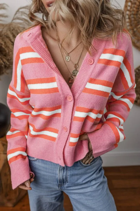 Pink Stripe Drop Shoulder Buttons Cardigan Sweater sold by Beagle Boutique