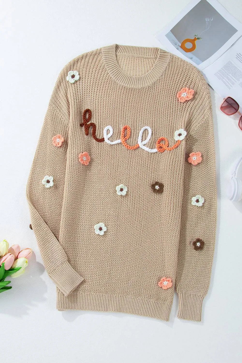 Parchment Hello Floral Embroidered Knit Loose Sweater sold by Beagle Boutique product image thumbnail 3