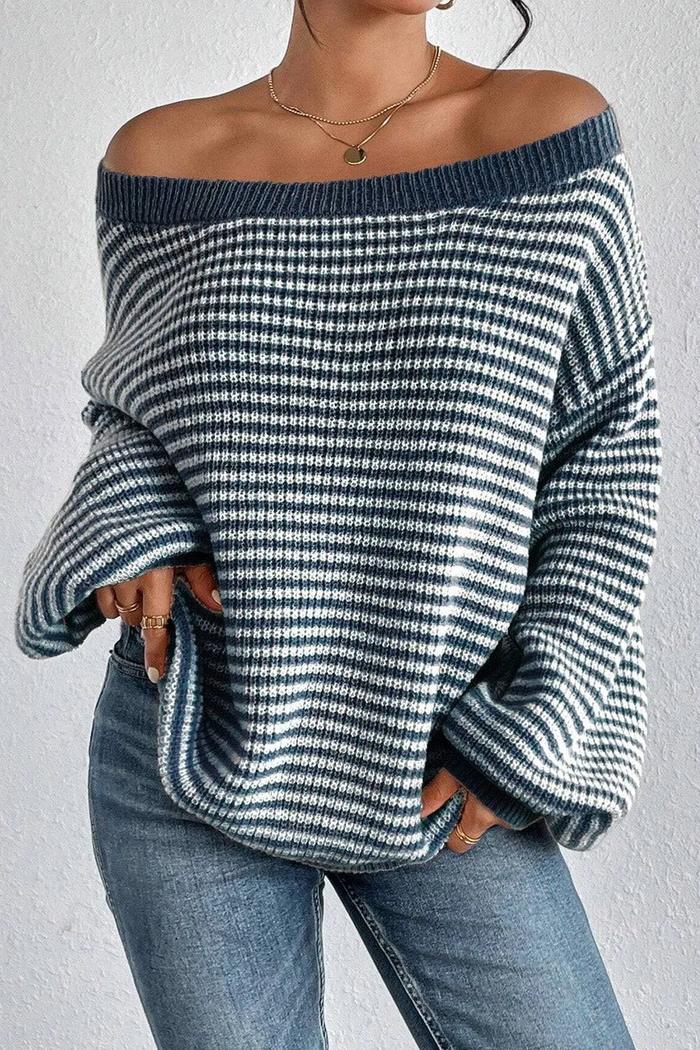 Sail Blue Striped Lantern Sleeve Drop Shoulder Cozy Sweater sold by Beagle Boutique product image thumbnail 3
