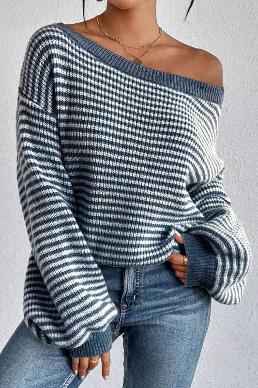 Sail Blue Striped Lantern Sleeve Drop Shoulder Cozy Sweater sold by Beagle Boutique