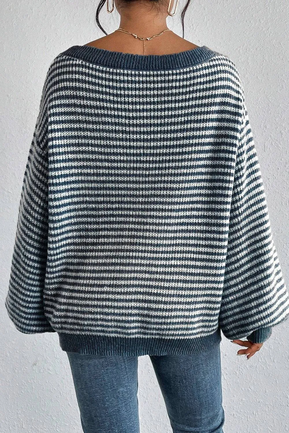 Sail Blue Striped Lantern Sleeve Drop Shoulder Cozy Sweater sold by Beagle Boutique product image thumbnail 2