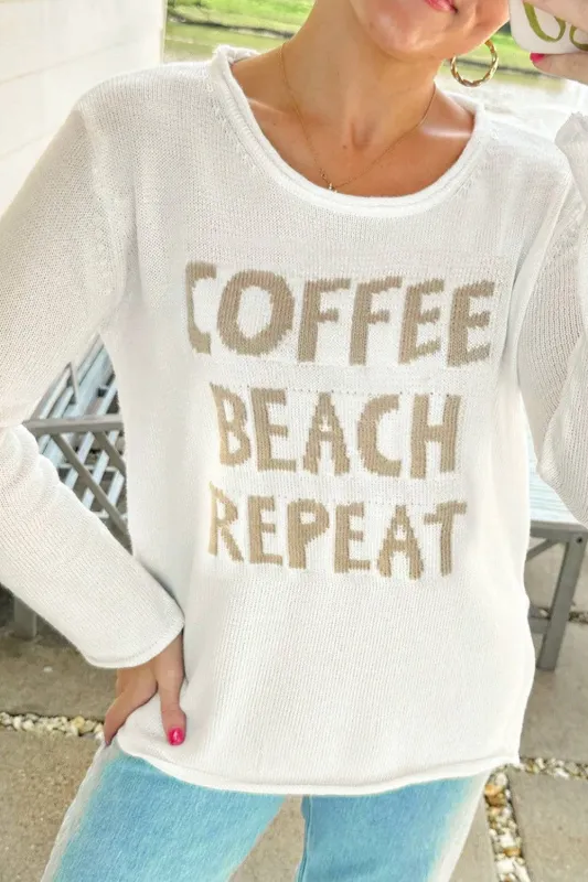White COFFEE BEACH REPEAT Graphic Sweater sold by Beagle Boutique