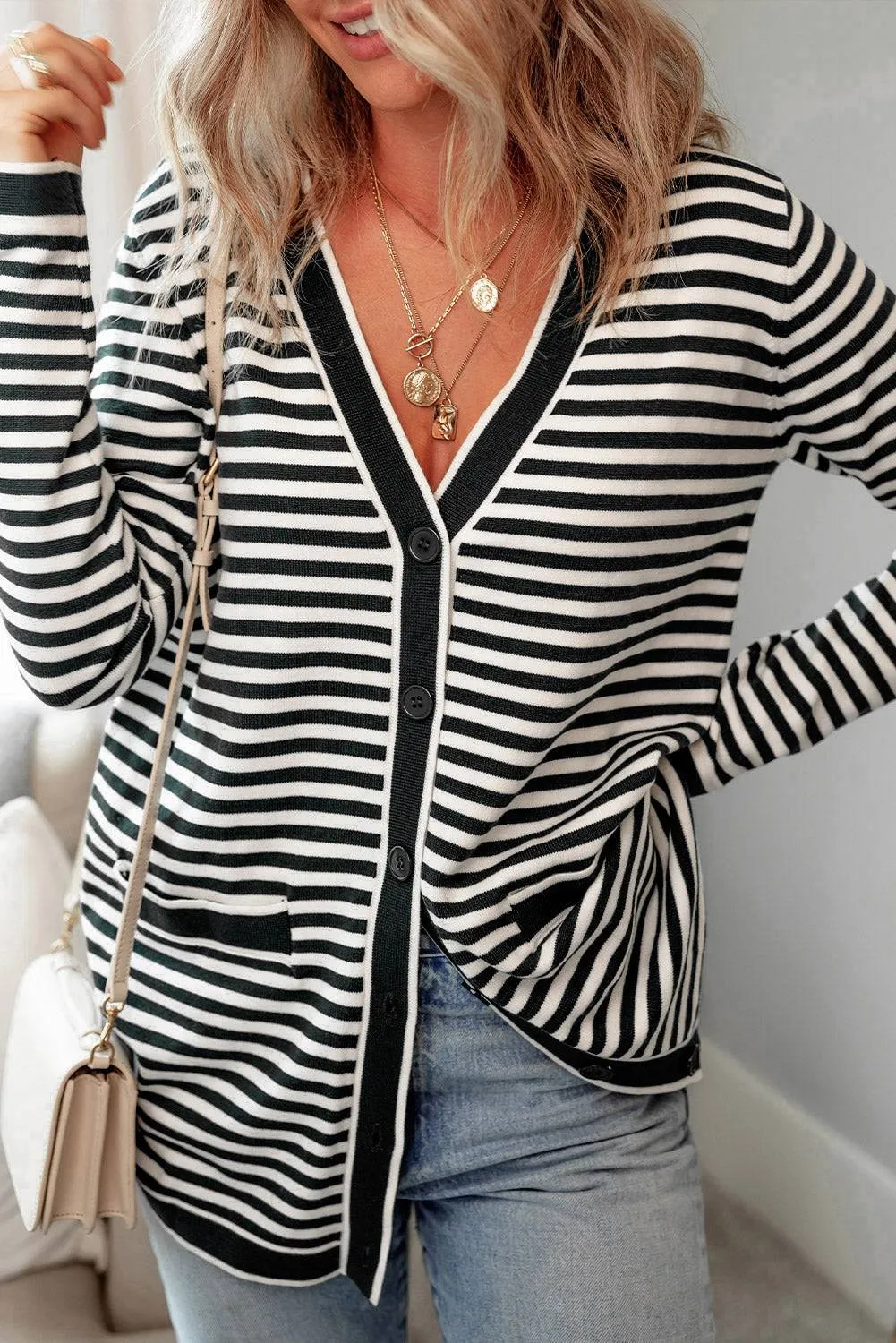 Black Stripe Long Sleeve Button up Tunic Cardigan sold by Beagle Boutique