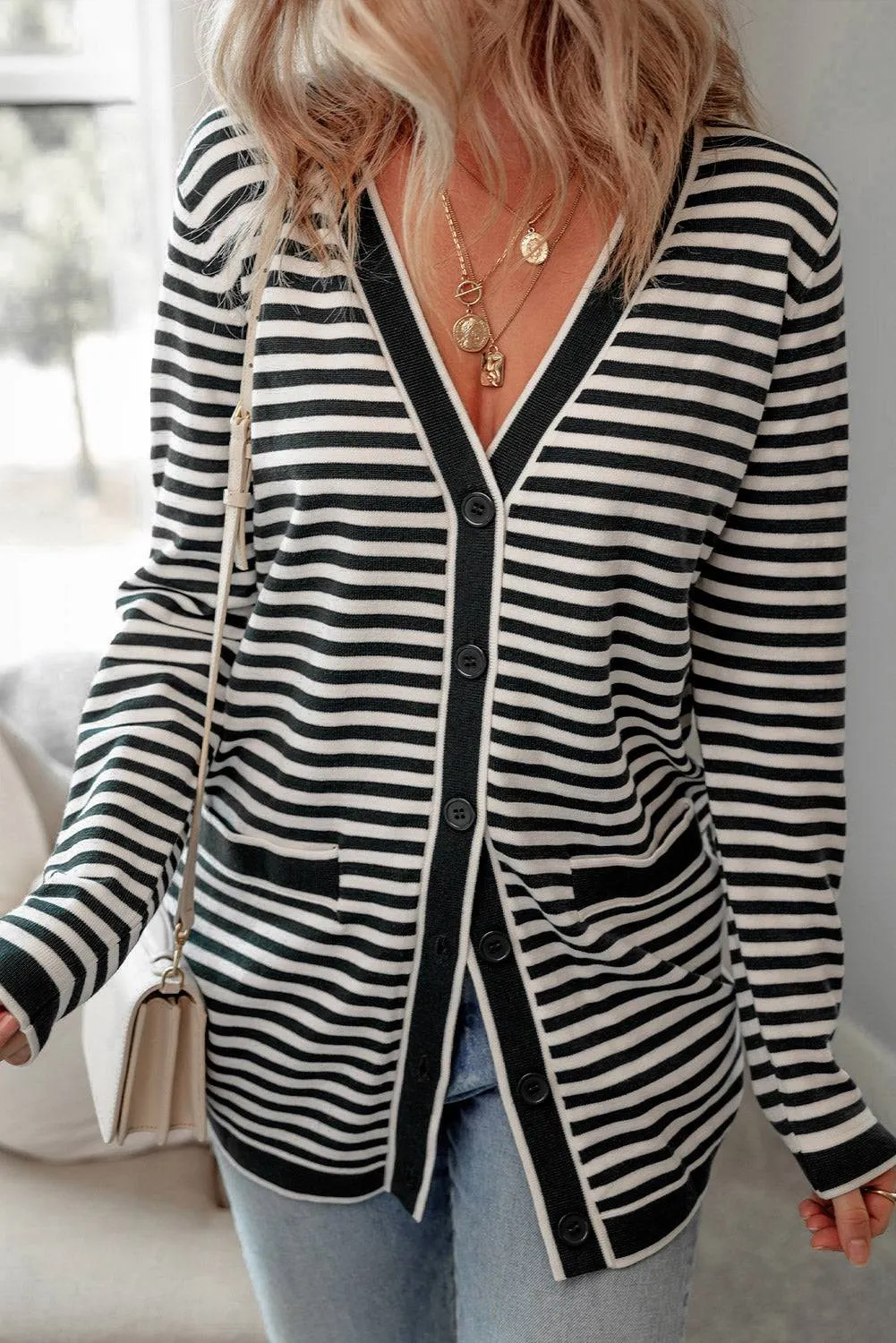 Black Stripe Long Sleeve Button up Tunic Cardigan sold by Beagle Boutique product image thumbnail 3